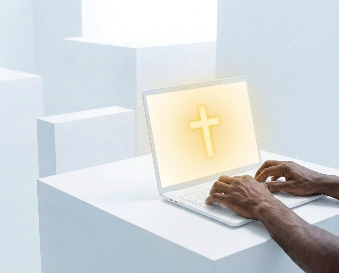 Hands typing on a laptop displaying a glowing golden cross in a bright minimal space